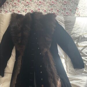 1940s Vintage Black Velvet Brown Fur trim trench coat